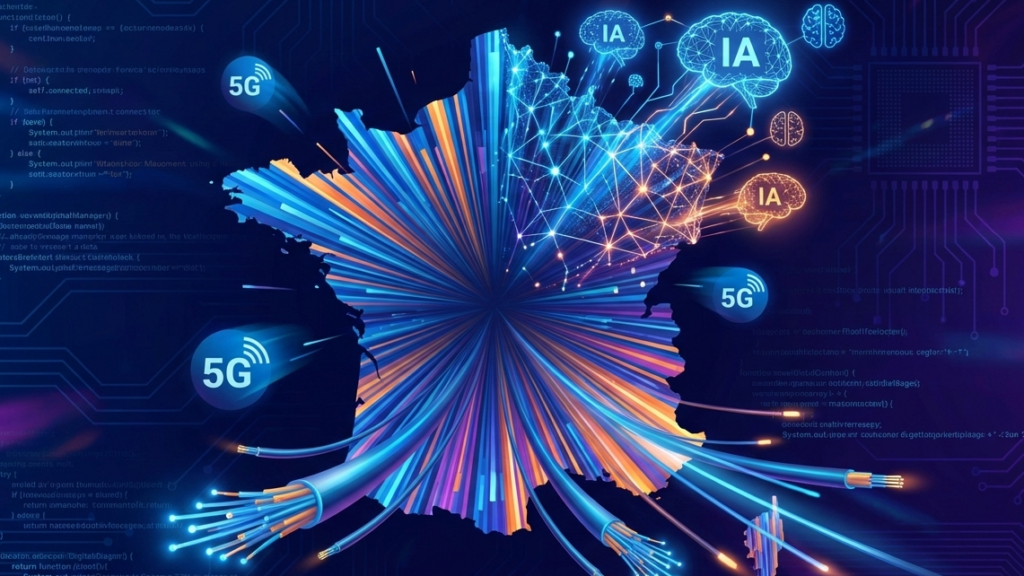 Infographie 2026 montrant l'adoption de l'IA générative à 48% et le déploiement de la fibre et 5G en France - Baromètre Arcep.