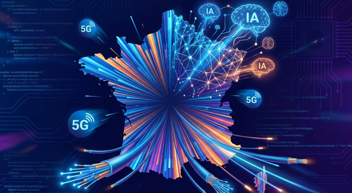 Infographie 2026 montrant l'adoption de l'IA générative à 48% et le déploiement de la fibre et 5G en France - Baromètre Arcep.